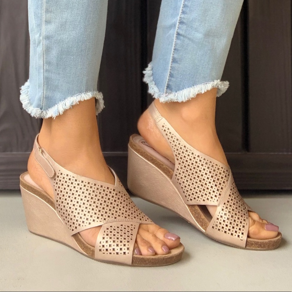 Gold Criss Cross Leather Straps Cork Wedge Sandal - Picture 4 of 7